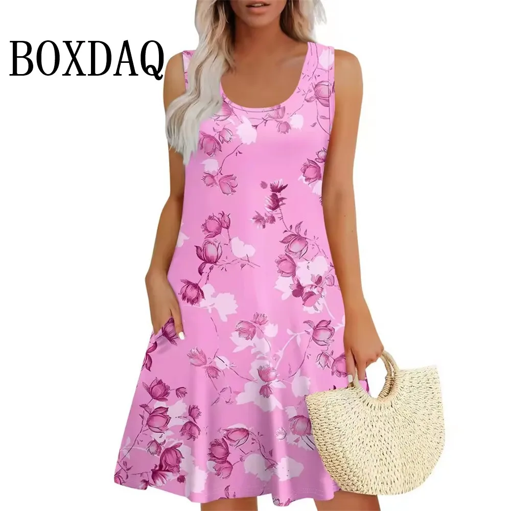 2025 New Womens Dresses Casual Summer Tank Boho Beach Short Dresses Vintage Flower 3D Printing Sleeveless Dresses Loose Sundress