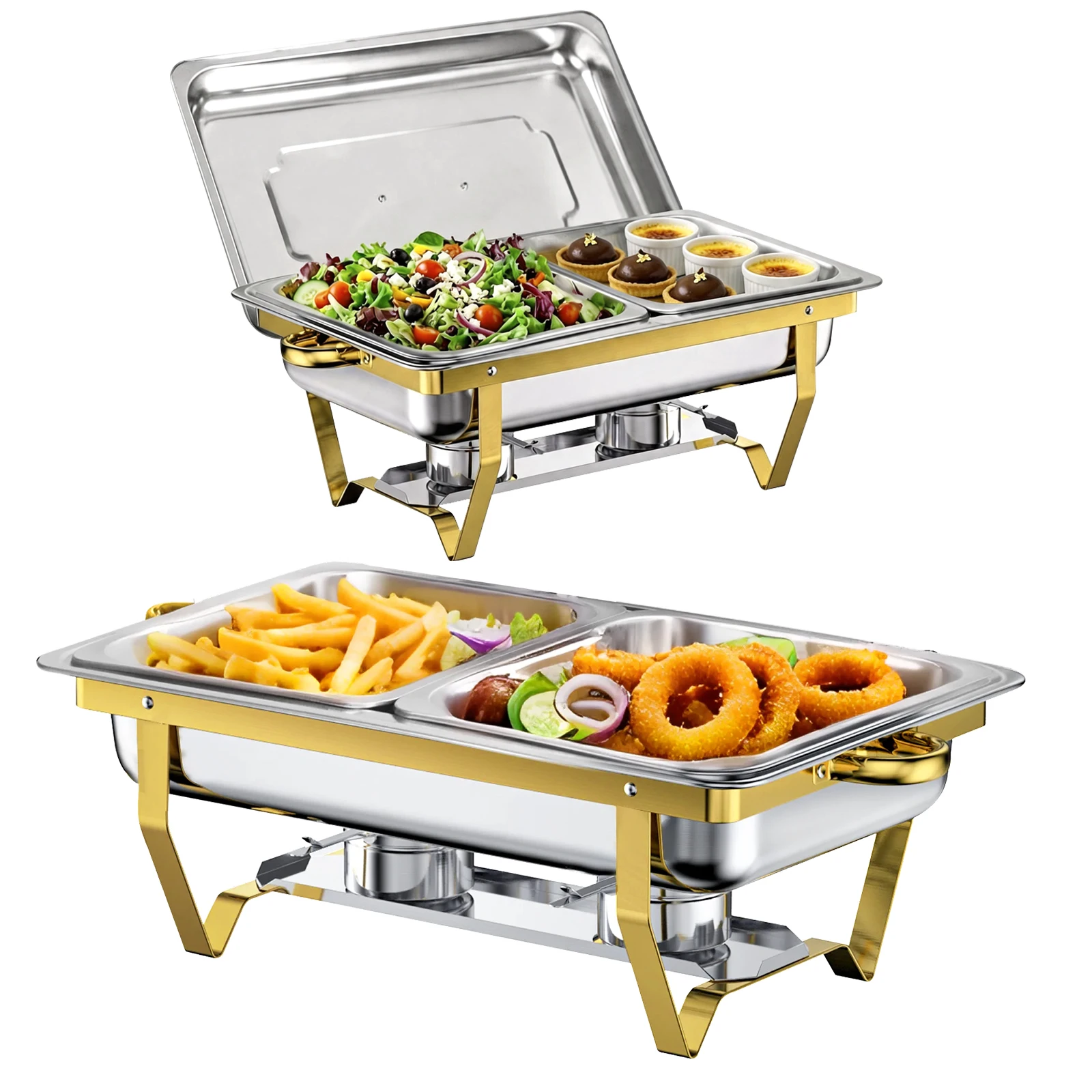 BHB Golden Chafing Dishes for Buffet, 9Qt 2/4/6 Pack Stainless Steel Food Warmers, for Parties, Weddings, Festival, With 1/2 Size Pan