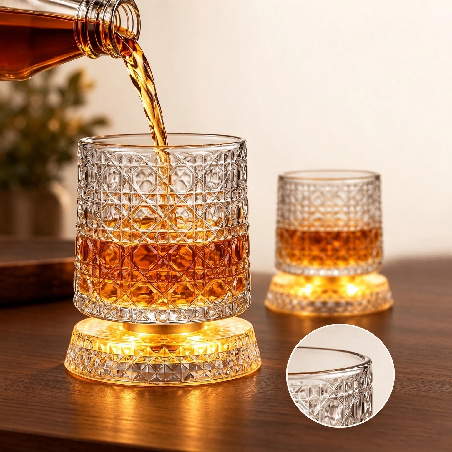 Rotatable Whiskey Glasses With Luminous Glass Base 360° Spinning Crystal Tumbler Cocktail Rum Whisky Cup Bar Party Drinking Gift