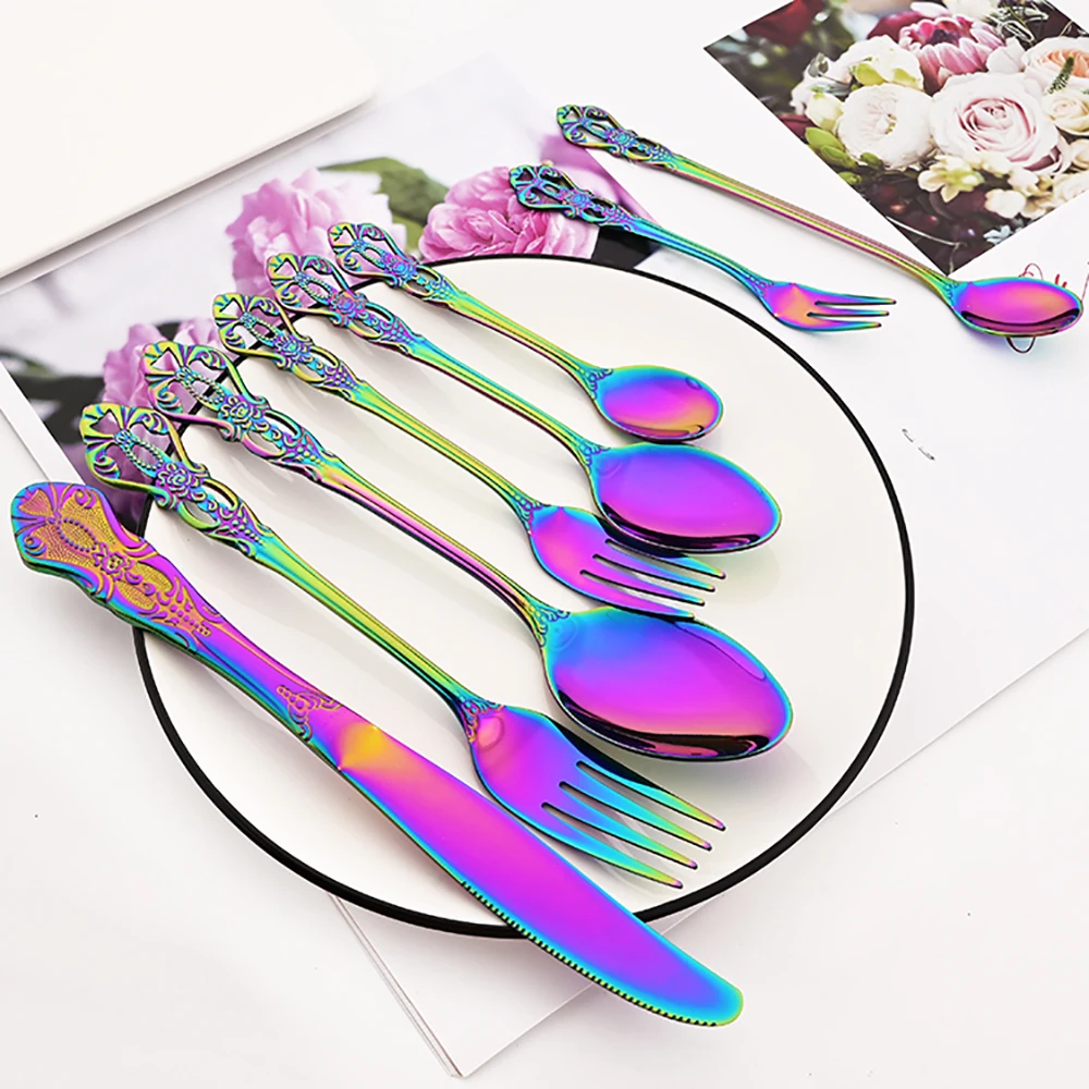 Stainless Steel Cutlery Set Knife Tea Fork Ice Cream Spoon Tableware Set Western Kitchen Flatware Rainbow Vintage Dinnerware Set