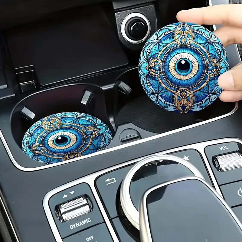 2 Pieces of Retro Devil's Eye Abstract Pattern Car Coasters, Quick-Absorbing Diatom Mud Technology Cloth, Plastic Non-Slip Mats, Car Interior Decoration Accessories, Universal Model