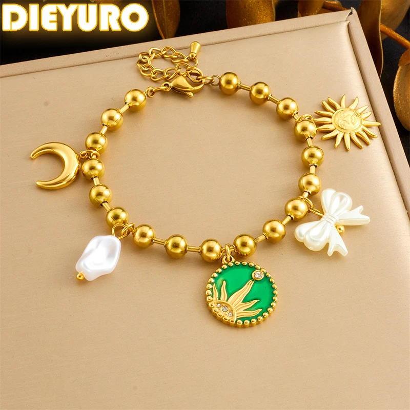 

DIEYURO 316L Stainless Steell Green Round Sun Moon Pearl Bow Bracelet For Women Trend Fashion Hand Chain Jewelry Holiday Gift