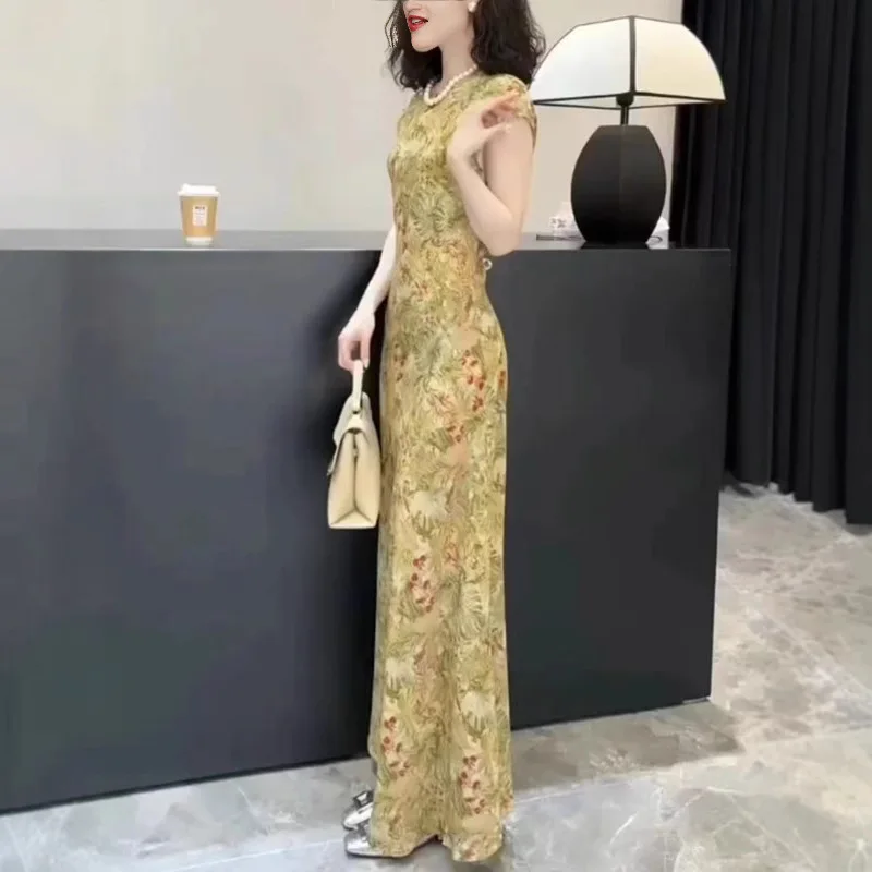 Summer New Retro Print Dr Women's Slim Fit Svel Long Dr Beautiful And Sli Polyester Knitted Thiened Basic S...