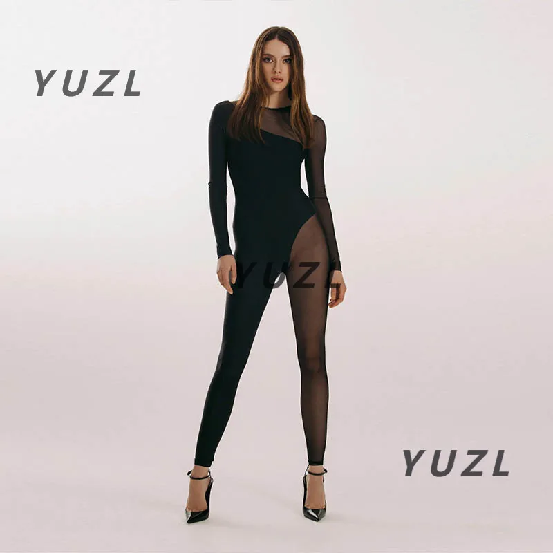 

Европейские и американские женские сетчатые узкие брюки с длинными рукавами, комбинезон с открытой спиной, женский модный комбинезон с высокой талией и тонкой модой