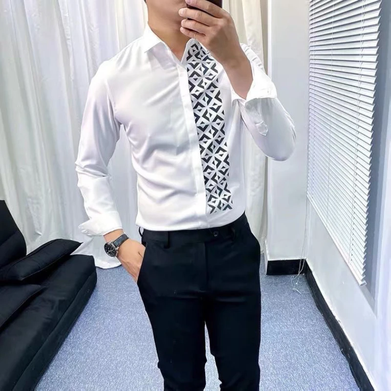 Spring Autumn Printed Blouse Men\'s Clothing Casual Korean Style Cardigan All Match Loose Harajuku Polo Neck Long Sleeve Shirts