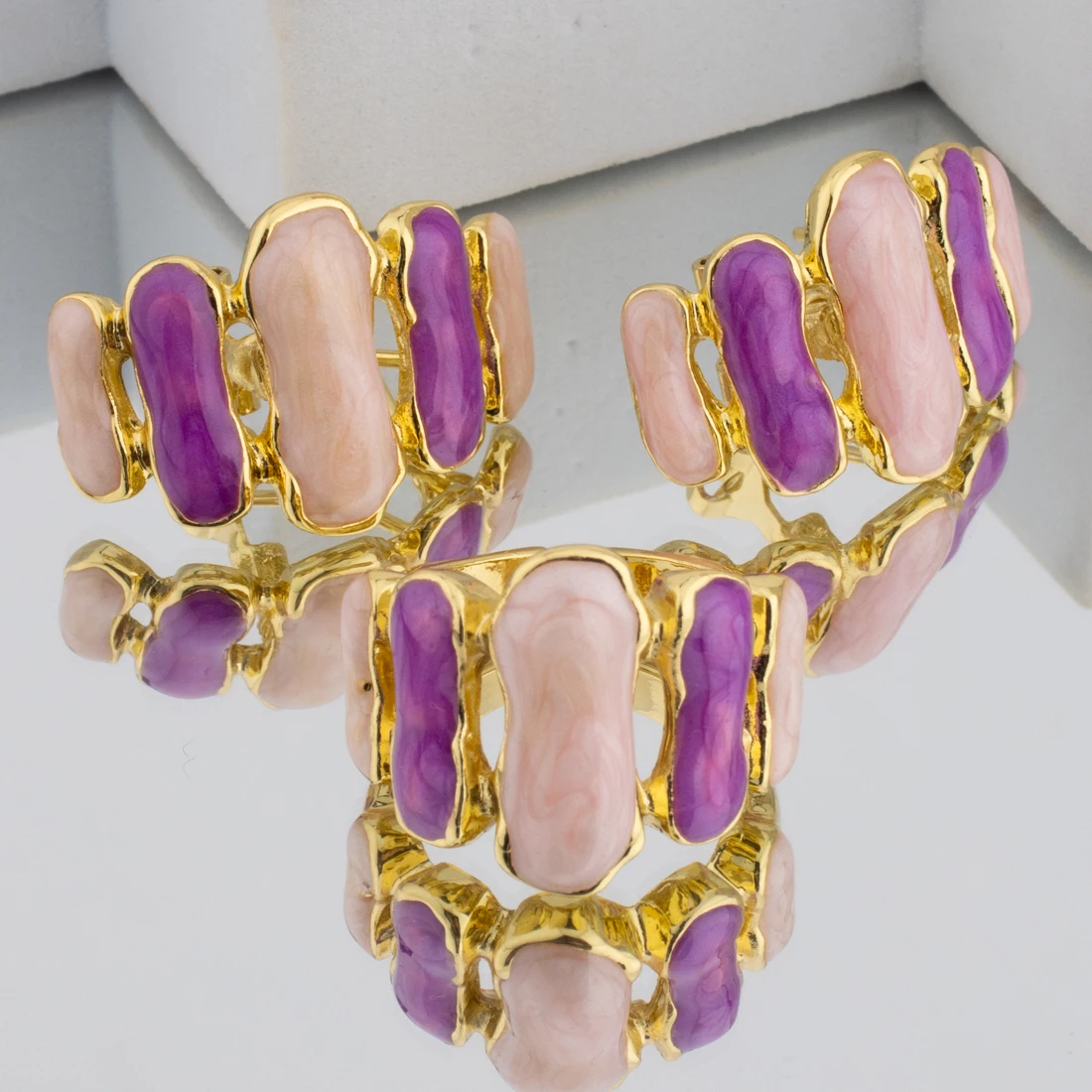 Dubai Metal Earrings Ring Set For Dopamine Color Gold Color Earring Adjustable Open Ring Female Fashion Jewelry Gift For Party