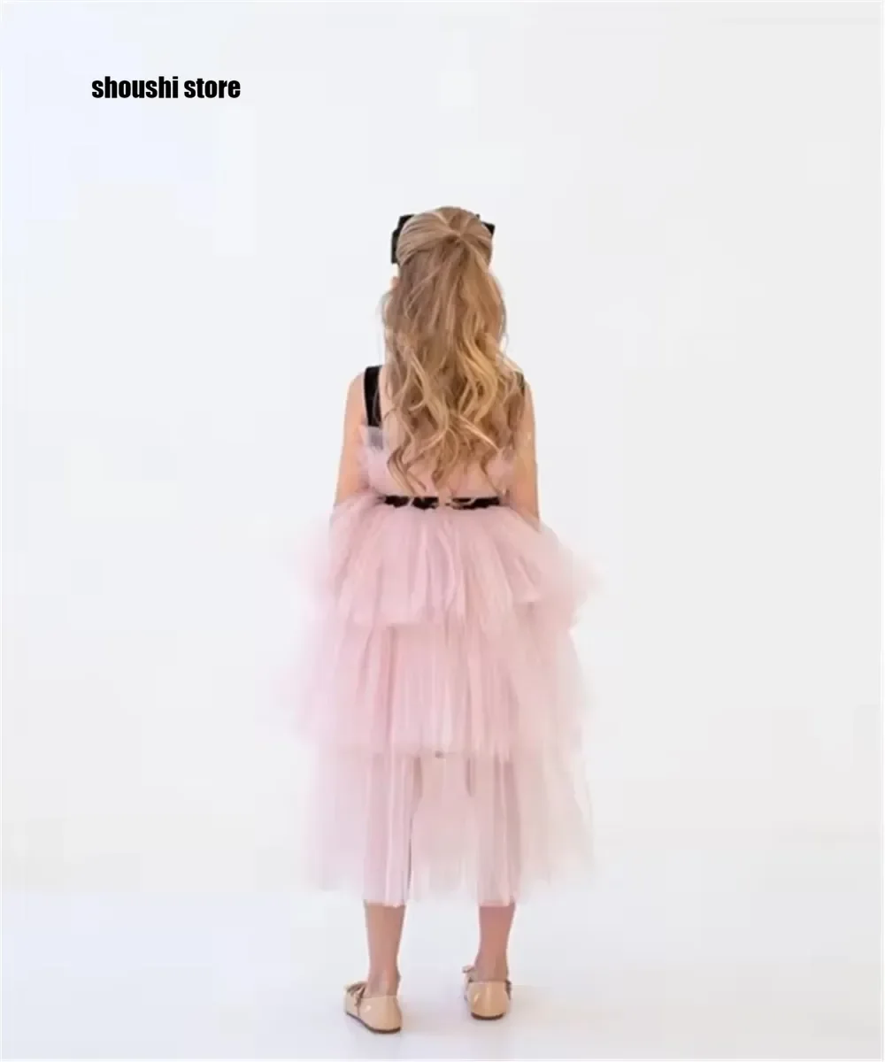 

Cute Flowers Girl Wedding Dress Bow Spaghetti Straps Pleat Sleeveless Dress Princess Birthday Party Prom Gown Customized