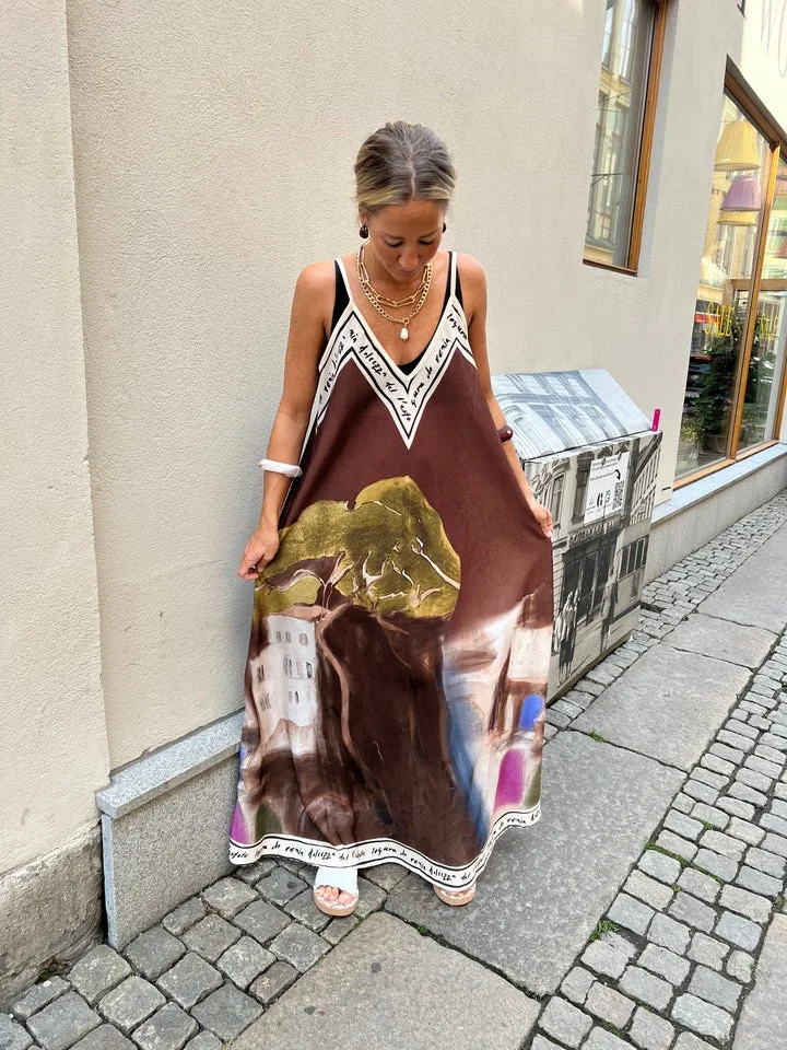 Vestido casual boho estampado para mulheres, solto, decote em v, suspensório, linha a, bainha grande, vestido longo, moda verão, vestidos estilo férias