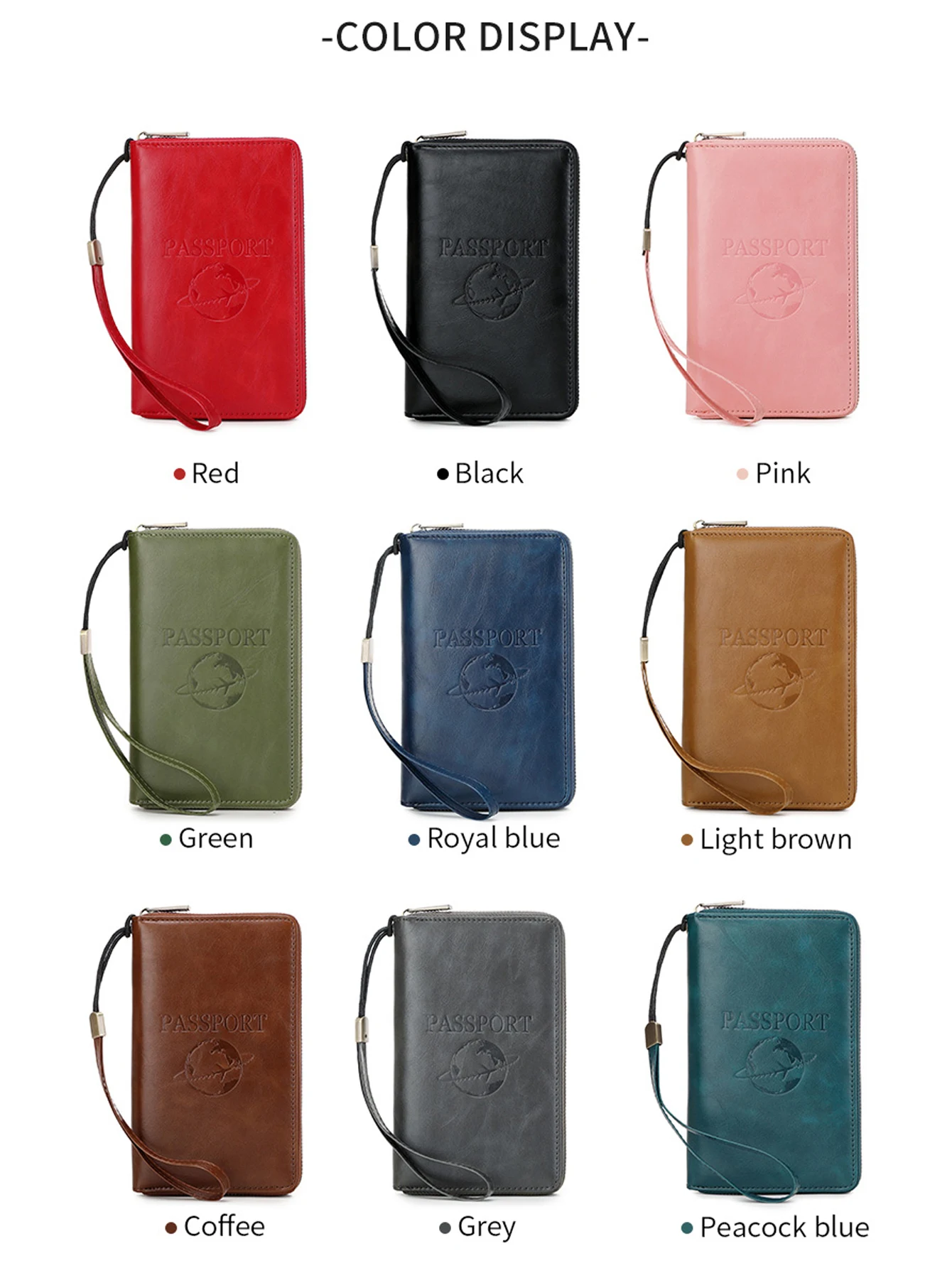 Solid color RFID portable passport holder multifunctional flight ticket passport bag with zipper and wristband travel wallet