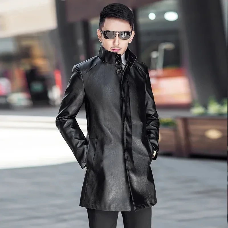 Trench Coats Men Leather Jackets Business  Long Fashion Casual Mid-Length Motorcycle Outwear Jaqueta Masculina