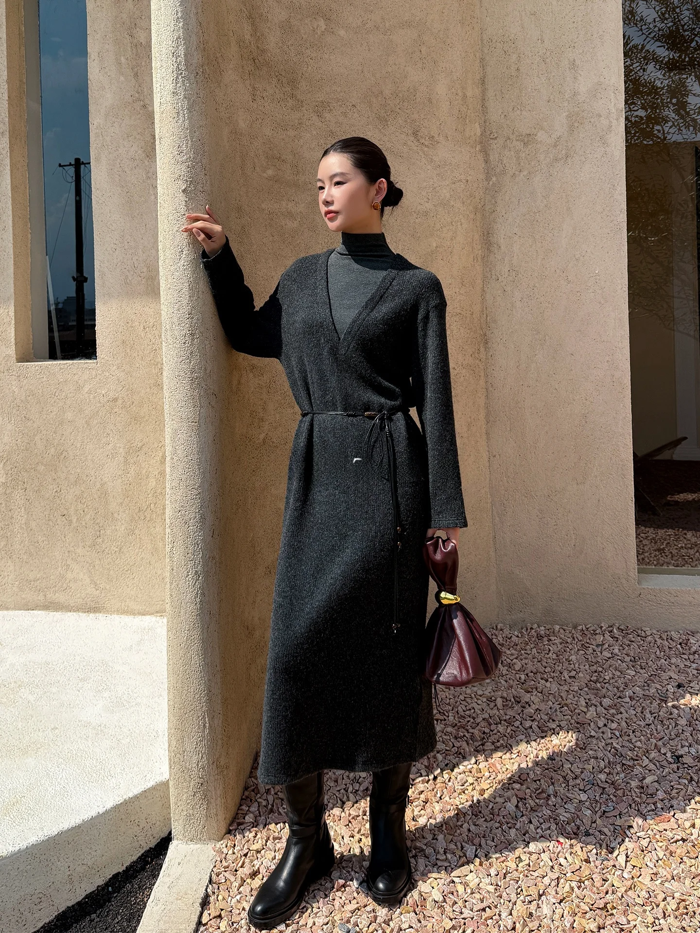 

Jieji Zhang Spring Wool Blend Long Sve Dr High Collar Commute Versatile Dr Casual Loose Waist H Version Thiened