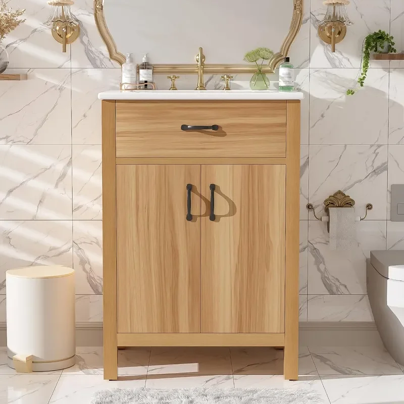 24 inch Natural Bathroom Vanity with Ceramic Basin and Countertop Solid Wood Frame Bathroom Cabinet with Flip Drawer