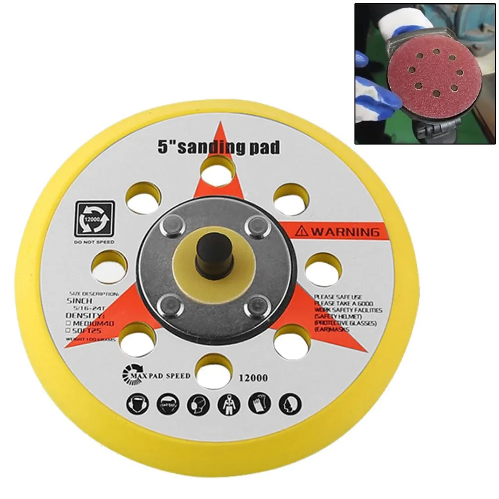 1pc 5inch 125mm 8 Holes Sander Backing Pad Hook And Loop Polisher Sponge Sanding Disc 5/16inch UNF Male Thread For Air Sander