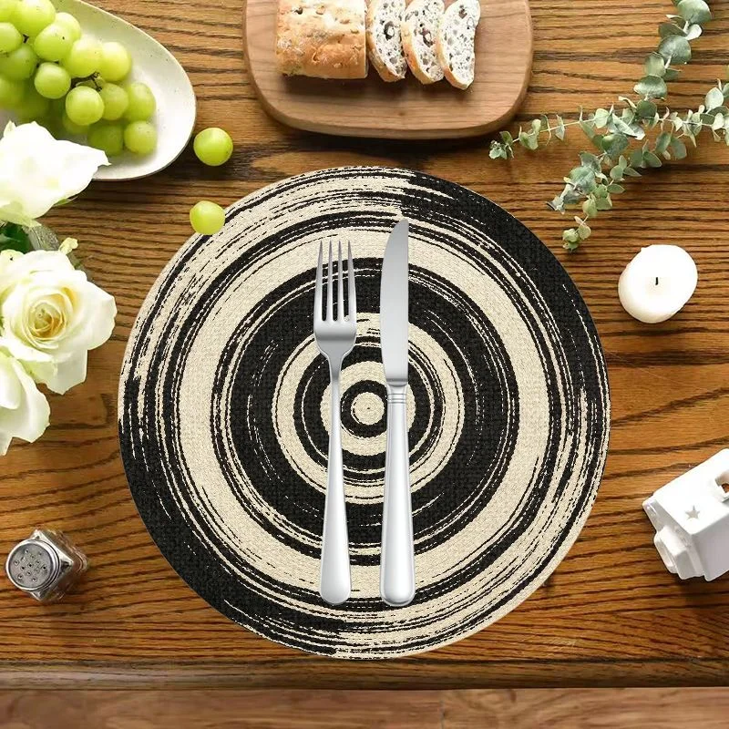 VIKAMA Black And White Circular Linen Placemat Heat-Insulating Washable Wear-Resistant Dining Table Mat Dining Table Decoration
