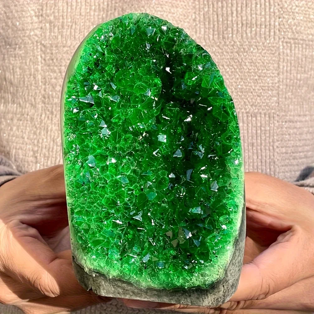 One realistic green crystal stone cluster - solid crystal structure, polished edges, deep green interior, durable stone finish