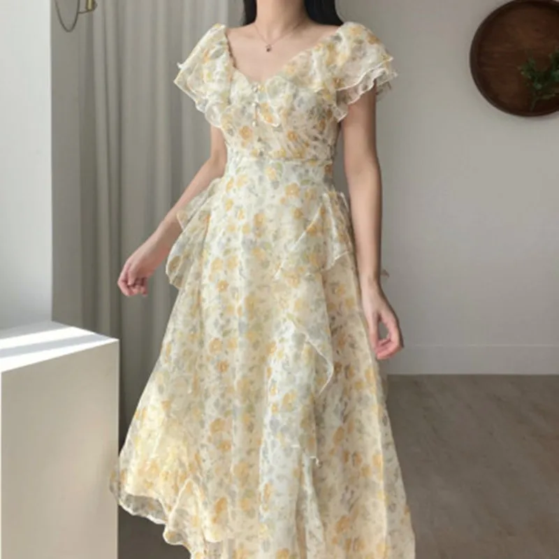 Summer Elegant Vintage Chiffon Floral Dress 2022 Women Sexy V-Neck Flower Print Chic Seaside Holiday Beach Long Dress