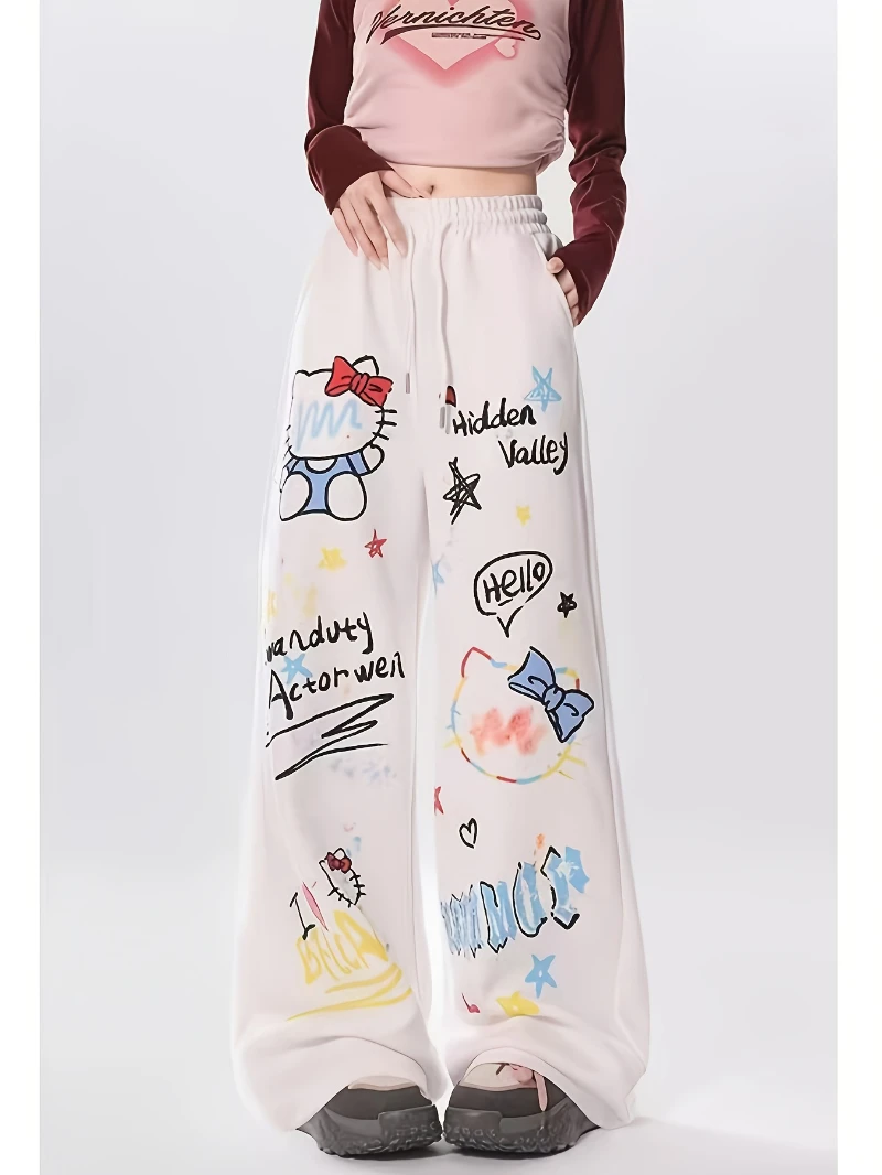 

Женские широкие брюки с высокой талией Hello Kitty — повседневные джоггеры на шнурке с принтом мультяшных персонажей для танцев и хип-хопа