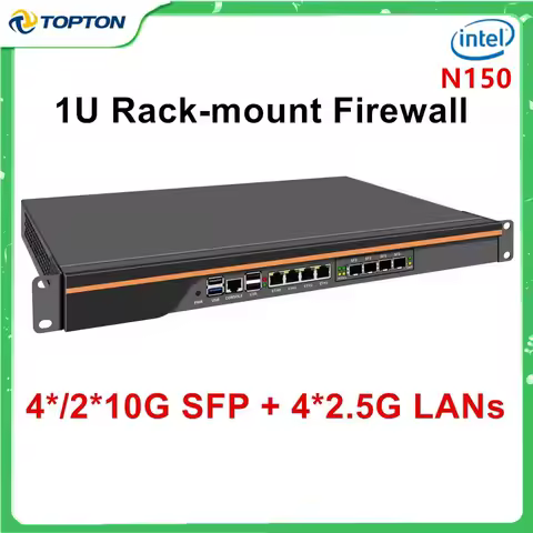 Topton 1U Rack-mount Firewall Mini PC 4*/2*10G SFP+ 4*i226-V 2.5G LAN Intel N150 4 Cores Enterprise Server Network Security Host