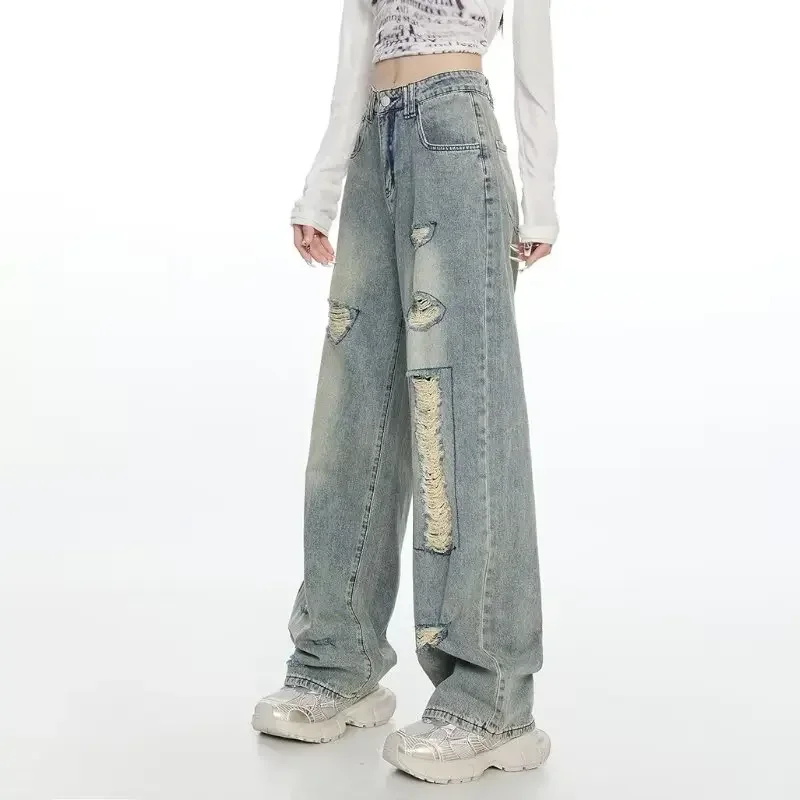 Jeans Women Washed Vintage Ripped Personality Autumn Straight Loose High Waist All-match American Street Hipster Denim Trousers