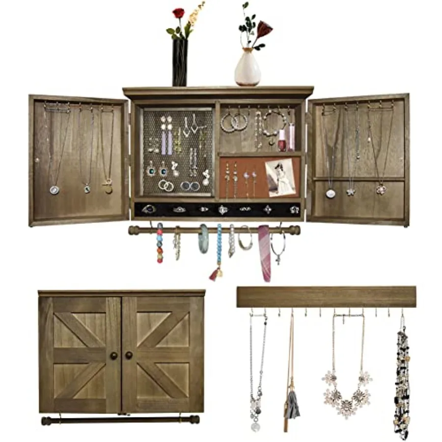 

Rustic Wall Mounted Jewelry Organizer with Wooden Barndoor DecorWooden Wall Mount Holder Jewelry holder for Necklaces Earings B