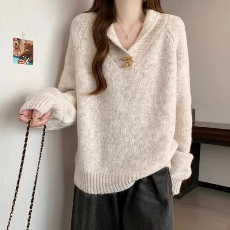 Womens Sweater Spring Autumn Korean Edition Solid Color Bull Horn Collar Loose Fashion Knitted Sweater Casual Daily Versatile