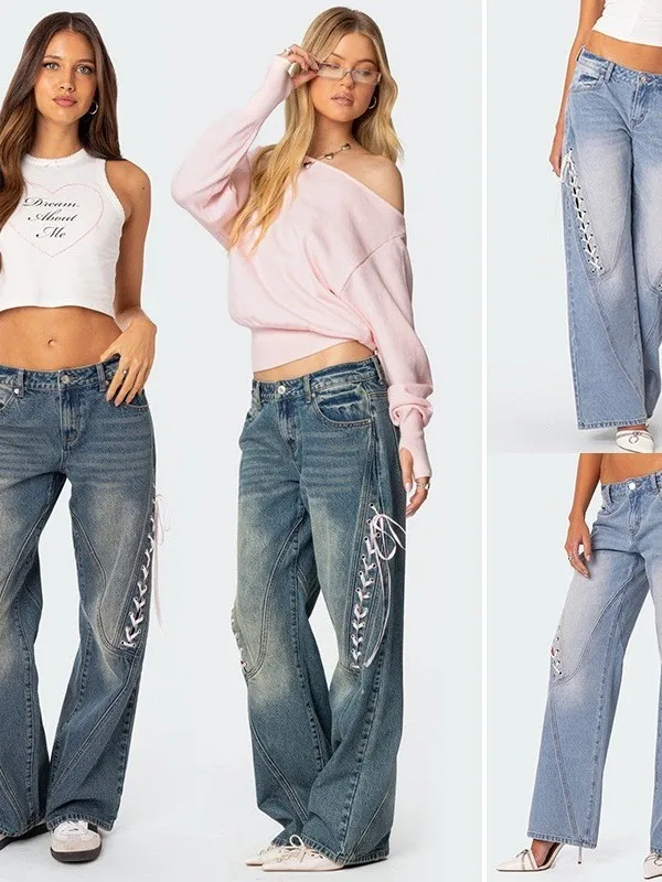 

Прямые джинсы с низкой талией, повседневные свободные брюки с поясом, уличные синие джинсовые брюки для женщин, удобные эластичные брюки средней длины