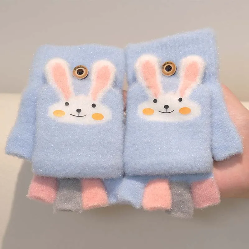 

Winter Girls Bunny Knitted Gloves Primary Students Writing Gloves with Flip Cover Kids Cartoon Warm Half-finger Gloves 3-10Y