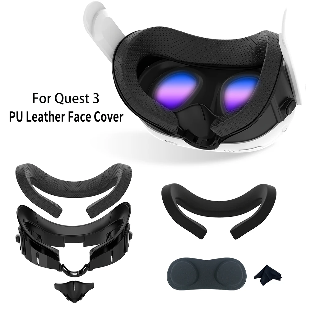 Facial Interface Face Cover for Meta Quest 3 VR with Anti-Light Nose Pad PU Leather Face Cushion for Meta Quest 3 Accessories