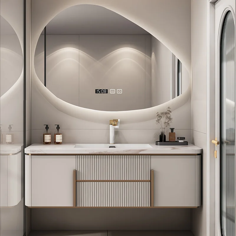 Luxury Modern Plywood Bathroom Vanities with Ceramic Counter and LED Lights Model Number: Bathroom Cabinetpromote sales