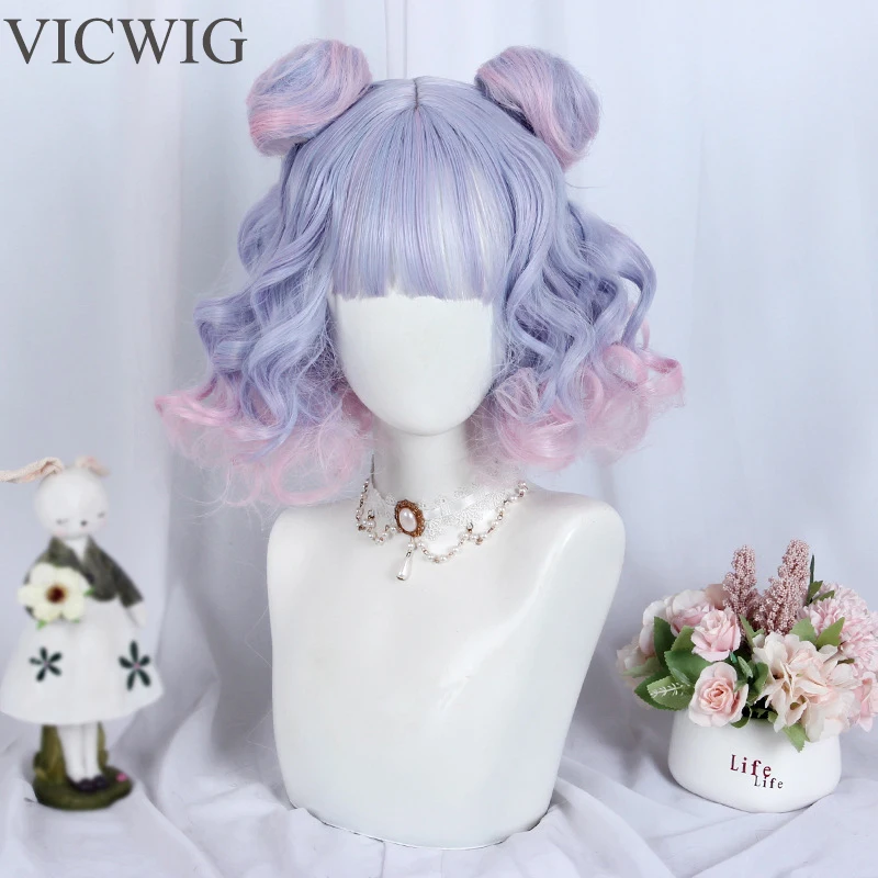 VICWIG-Peruca sintética encaracolada curta para mulheres, cabelo lolita diário com dois chignon, azul, roxo, rosa gradiente, cosplay de festa,