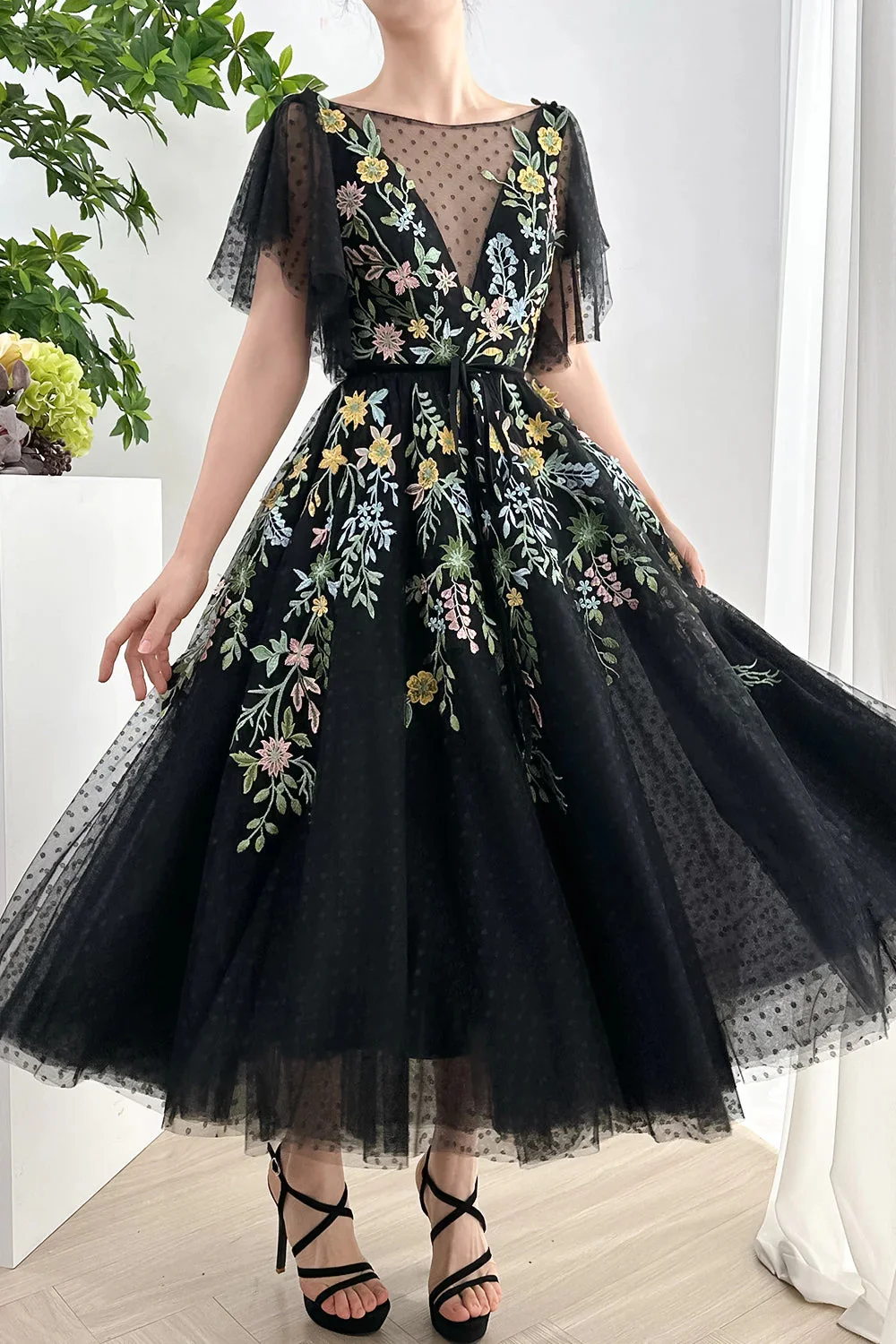 Jessica Black Embroidery Flowers Sweetheart  Wedding Dress Fairy Luxury Tulle Elegant PromDresses فساتين سهرة Vestidos De Fiesta