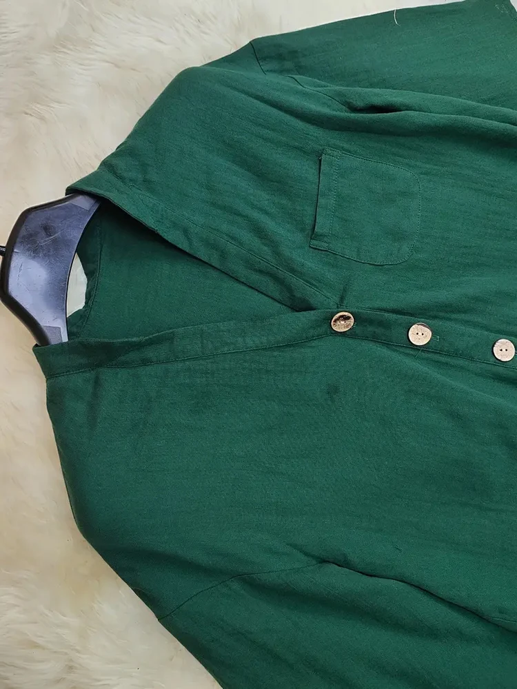 Plus Size Green Linen Blouse for Curvy Women. V-neck half sleeve button shirt with multi pockets. Oversized loose fit perfectly view 4