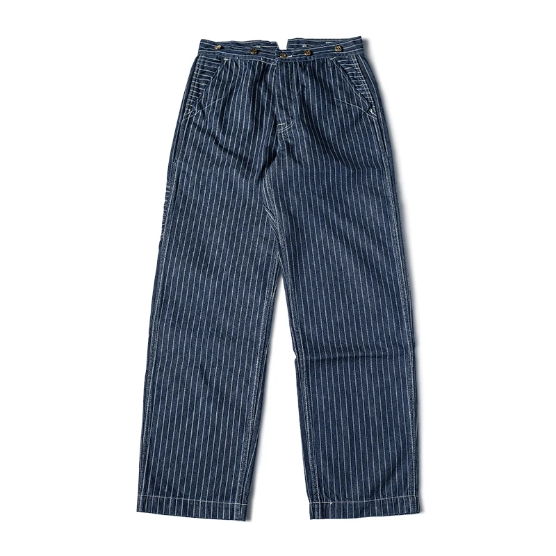 Non Stock 1920s Waist Overall Wabash Stripe Jeans Retro Men\'s Work Pants Indigo