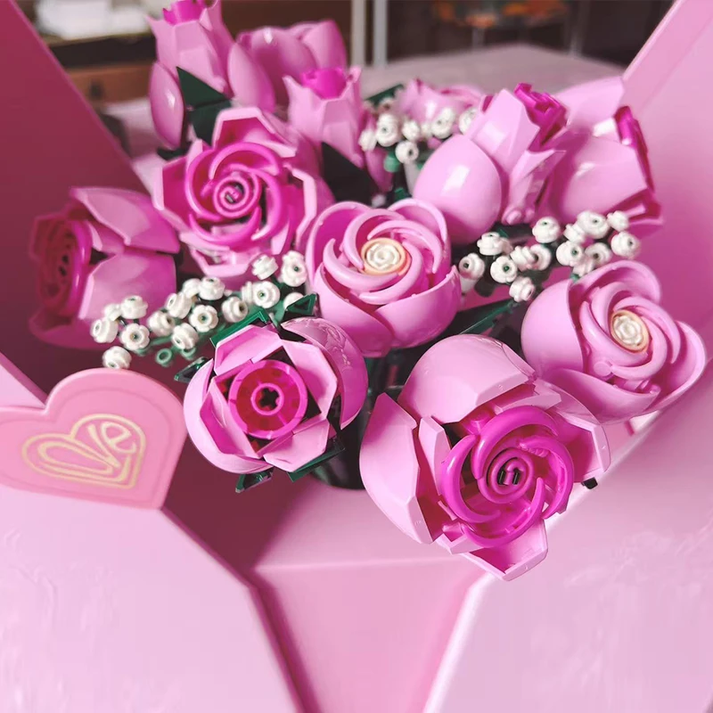 2026 nuevas extensiones periféricas Pink Stars Rose Bouquet adecuadas para regalos de Navidad compatibles con partículas Legoed 789 piezas.