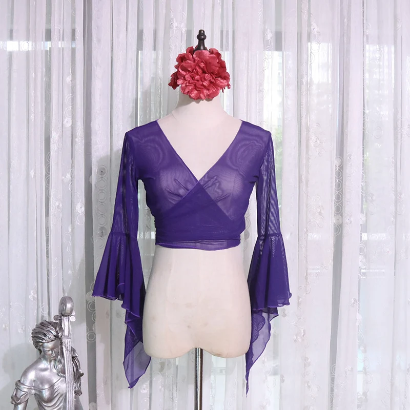 

5Colors Belly Dance Clothes Tops Women Sexy Mesh Top Front Cross Crop Halter Deep V Neck Flare Sleeve Top CE71