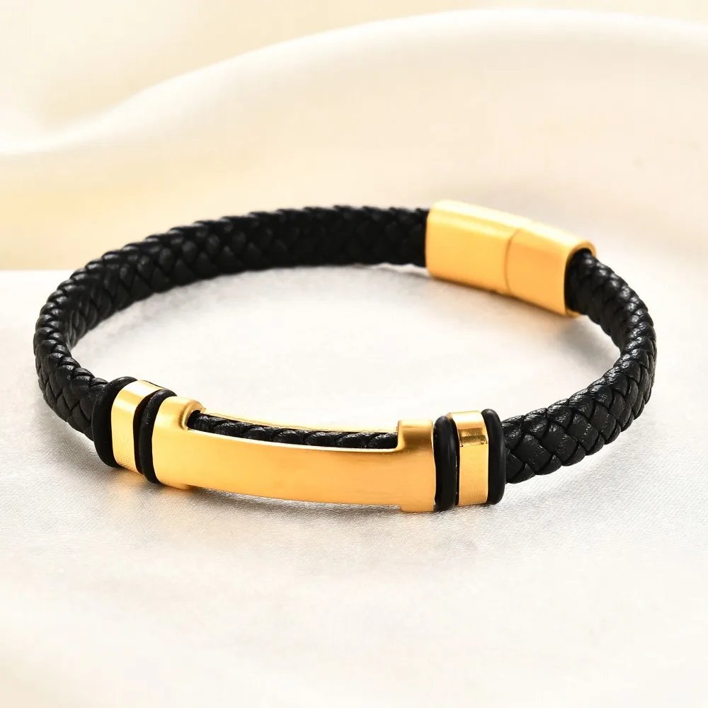 New Fashion 11mm Woven Leather Bracelet with Beaded Laser Engraved Stainless Steel Bracelets for Men Jewelry