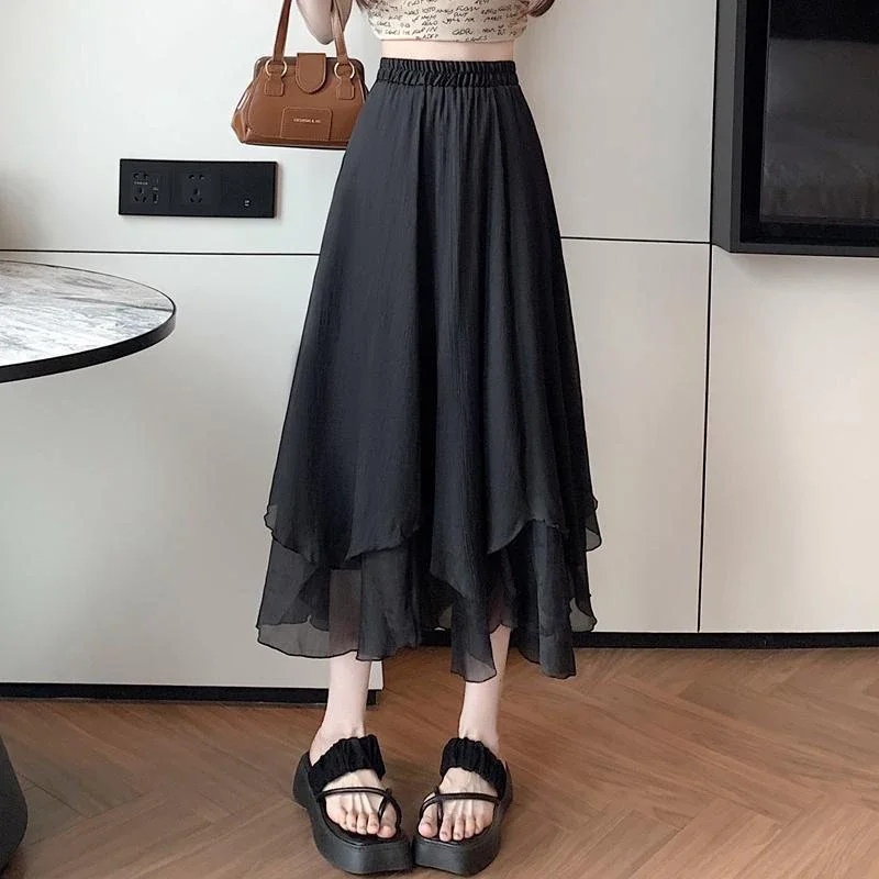 GIDYQ Summer Women Mesh Skirt Fashion Korean High Waist Loose Midi Skirt Y2K Elegant Female Casual All Match A Line Skirts New
