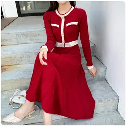 High Quality Fashion Women Red Hit Color Knitted Pleated Dress New Autumn Winter Long Sleeve O Neck Pearl Button Sweater Dresses