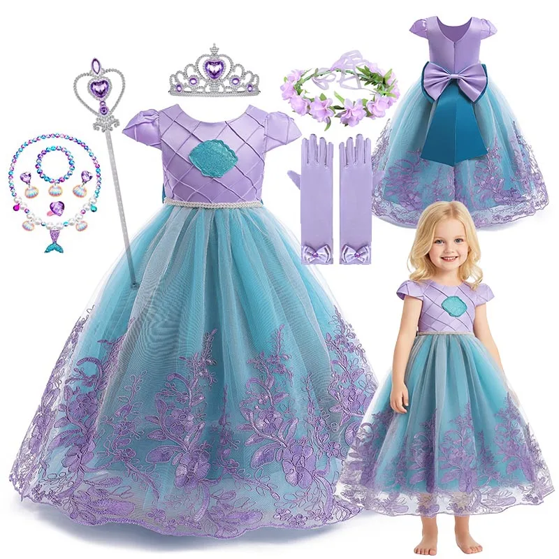  Ariel Princess Little Mermaid Girl Luxury Embroidery Dress Kids Cosplay Ball Gown Costume Children Mesh Vestidos Party Clothes