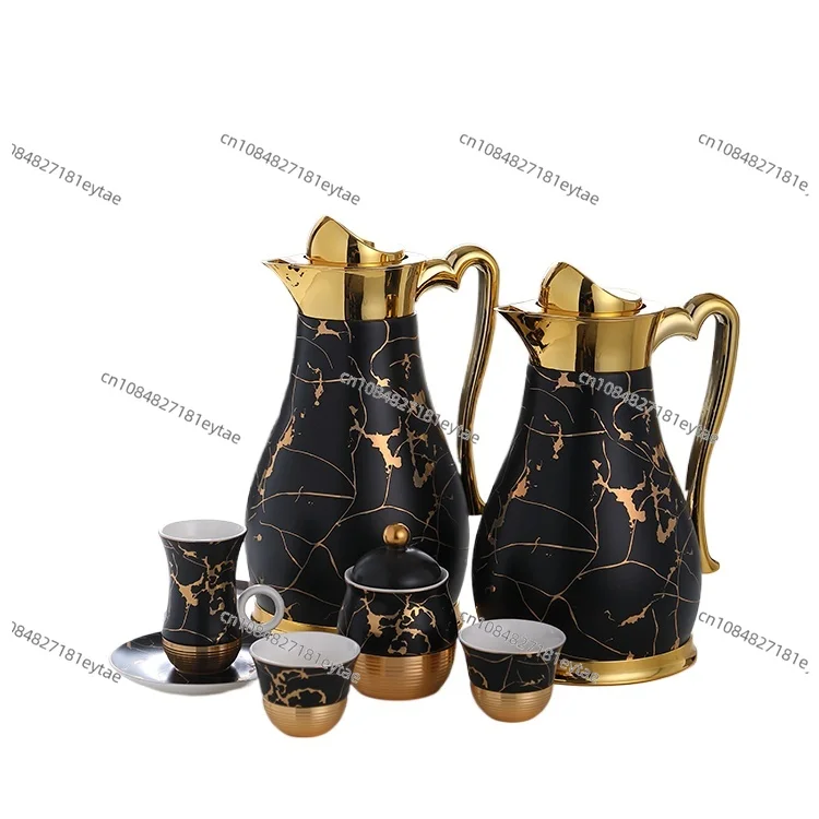 Original Design Black Gold Marble Coffee Pot Cup Saucer Set Arab Tea Gift Box with Glass Tray