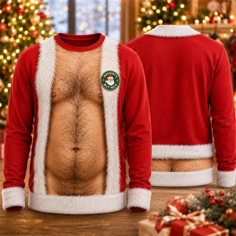 Lustiger Muskel-Weihnachtsmann-Sweatshirt für Herren, 3D-Druck, Herbst-Winter-Ugly-Sweater, Festtagskostüm, Pullover-Oberteile für Herren – Detail 7