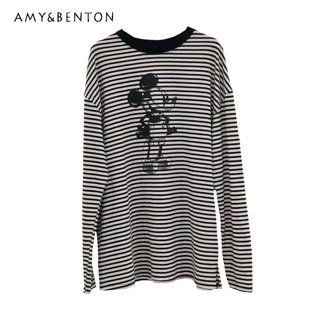 

Potdemiel Black White Striped Bottoming Shirt Women's 2023 New Inner Wear Loose Pure Cotton Cartoon Long-Sleeved T-shirt Top