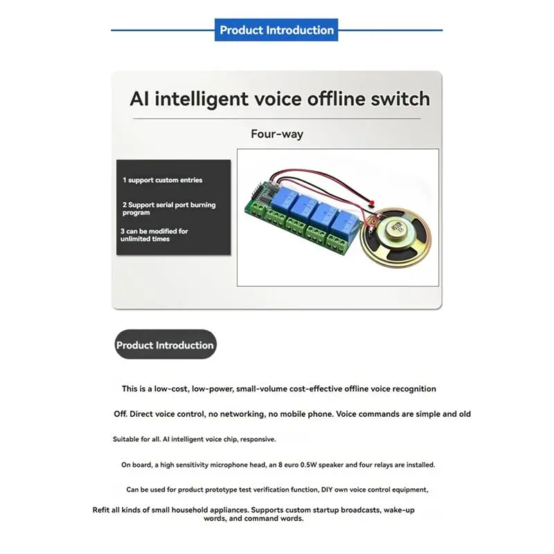 ABRI-AI Intelligent Voice Recognition Module 4CH Offline Voice Control Switch Module Support Custom Voice For DIY