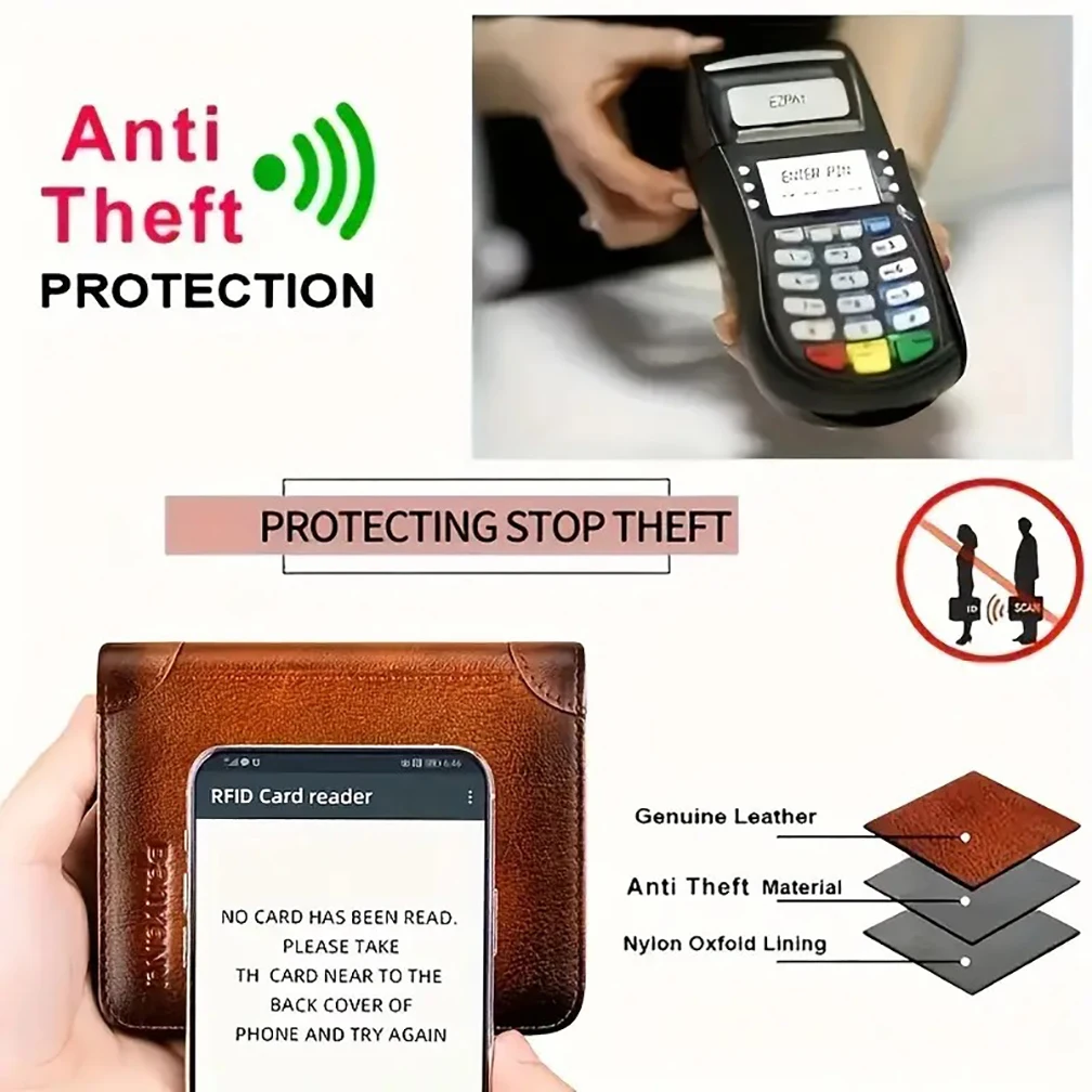 الرجال خمر محفظة جلدية حقيقية، RFID حجب المدمجة قصيرة ثلاثية الطي الطبقة العليا جلد البقر معرف حامل بطاقة الائتمان محفظة المال كليب #5