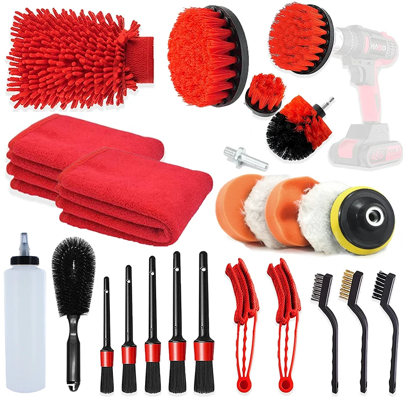 Car Detailing Cleaning Set Drill Brush Kit Cleaning Wheels Leather Dashboard Air Vents Emblems Wash Mitt Wax Polish Pads Towels