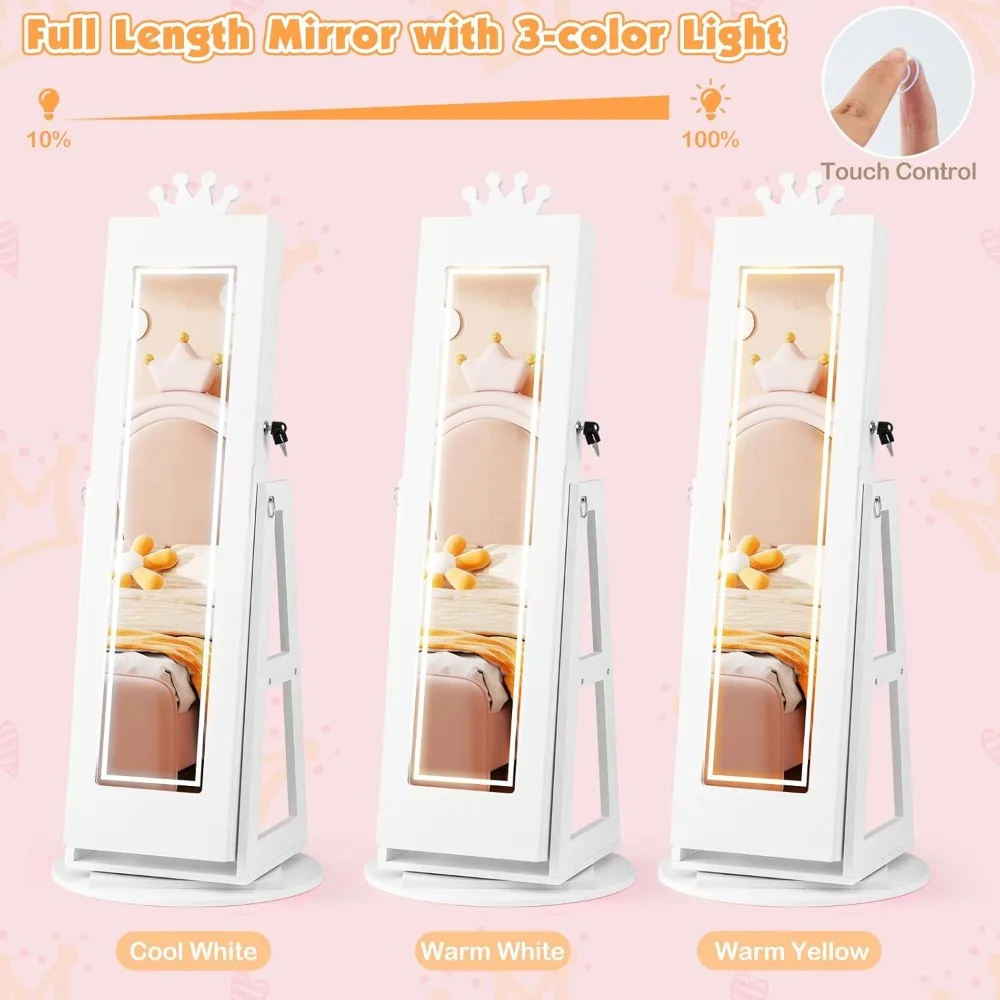 خزانة مجوهرات دوارة للأطفال مع أضواء LED، خزانة مجوهرات واقفة قابلة للدوران مع مرآة كاملة الطول ومرآة مكياج #6