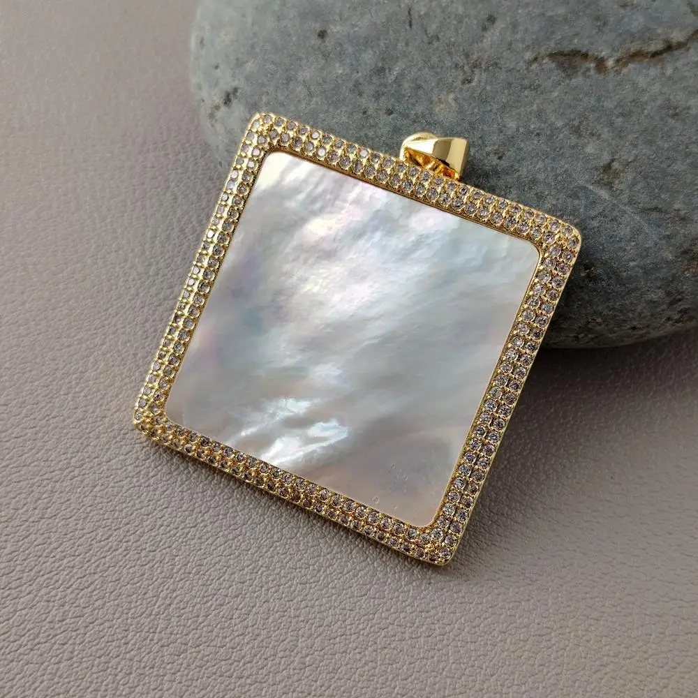 5Pcs White Sea Shell Pendant Square Cz Pave Pendant Charm For Handmade DIY