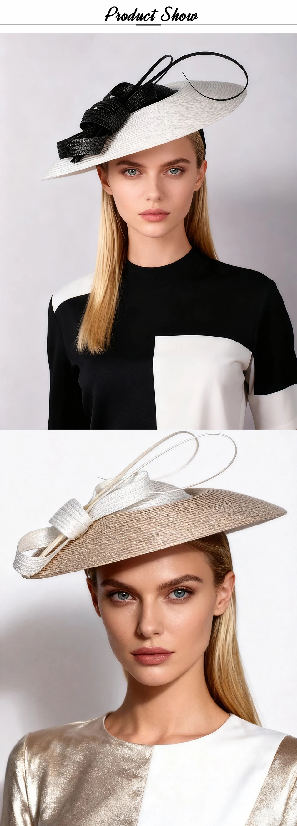 FS Vintage Kentucky Derby Hut mit breiter Krempe, Khaki-Weiß, Kirchenhüte für Damen, elegante Teeparty-Fascinator-Mütze, Sombreros Mujer 2026 – Detail 1