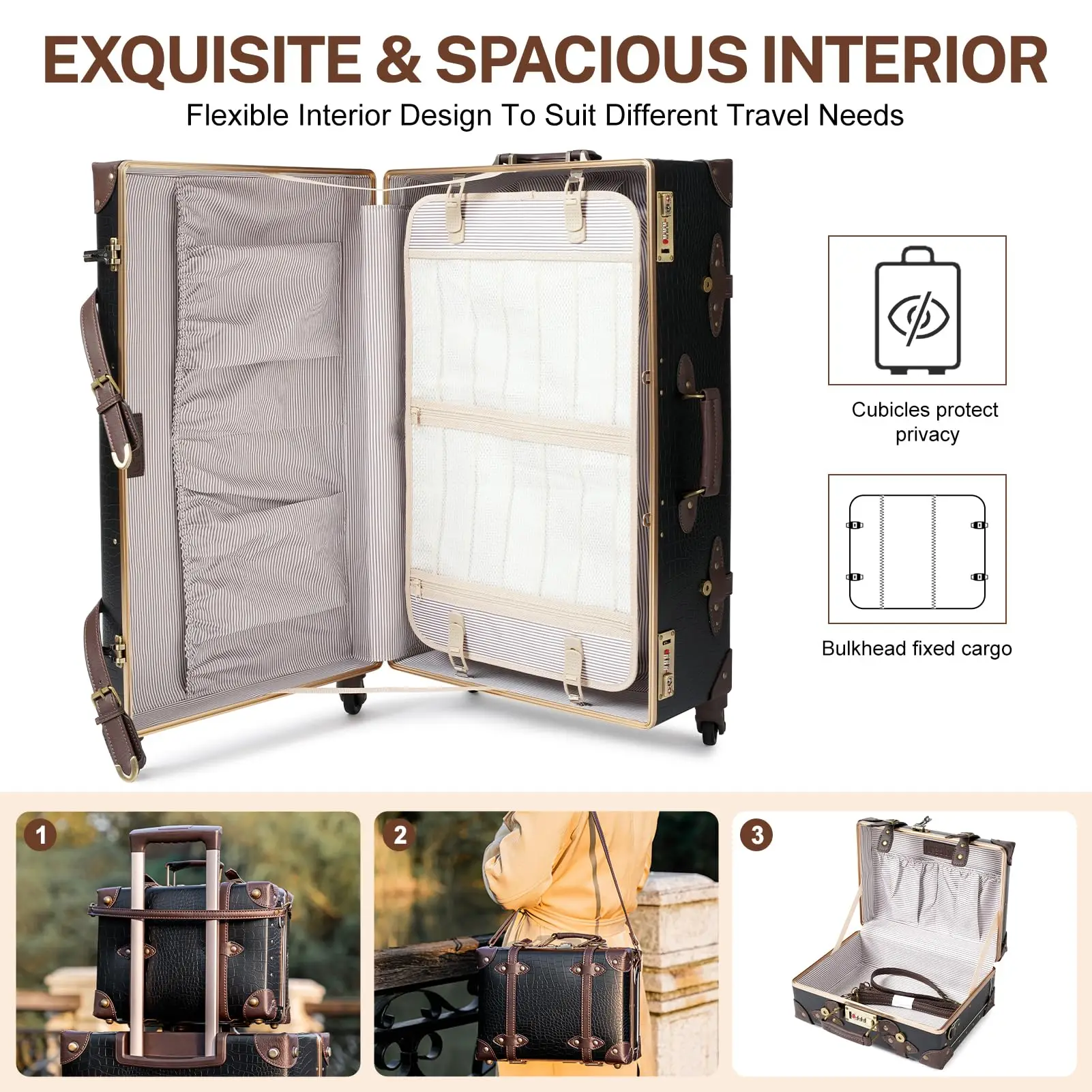 Urecity Vintage Travel Rolling Luggage Boarding Suitcase 2PCS 12'' Handbag 20'' 26‘’ Trolley Suitcase On Universal Wheels