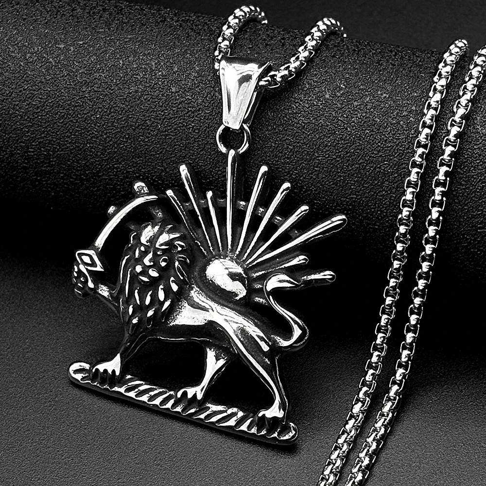 Iran Islamic Lion of Persia Shamshir Pendant Necklace Stainless Steel Silver Color Arabic Iranian Shir o Khorshid Chain Jewelry